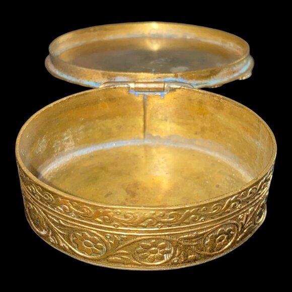 Antique Gold-Tone Brass Trinket Box With Turquoise Accents & Floral Design - Picture 3 of 9